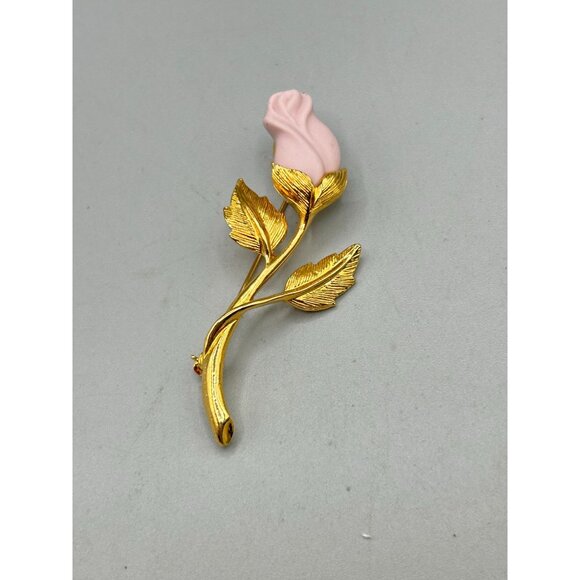 Avon Vintage Rose Brooch Gold Tone Pink Ceramic Flower Vintage Brooch Pin - Picture 2 of 6